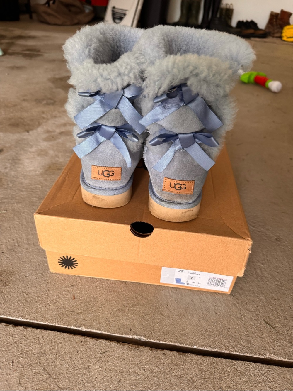 UGG Kids Light Blue Shearling Bow Back Boots
